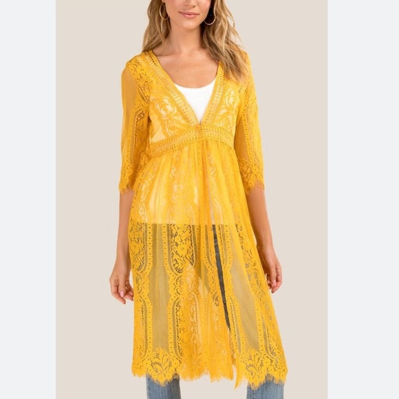 Blue Rain Yellow Lace Maxi Kimono - Picture 3 of 5
